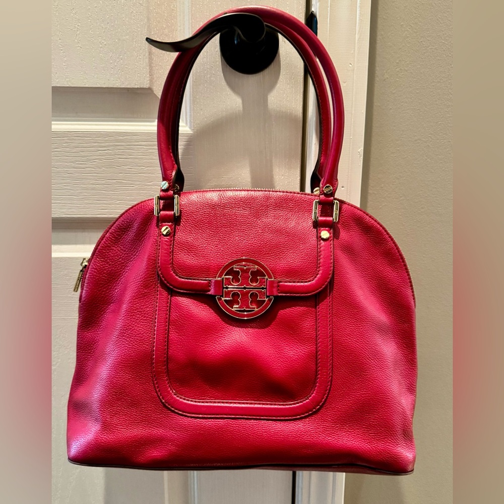 Tory Burch carnival red dome shaped leather tote.